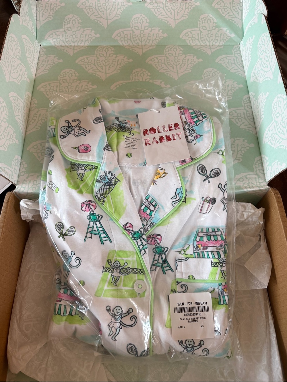Roller Rabbit Kids Pajama Set in White, Pastel Green and Pink
